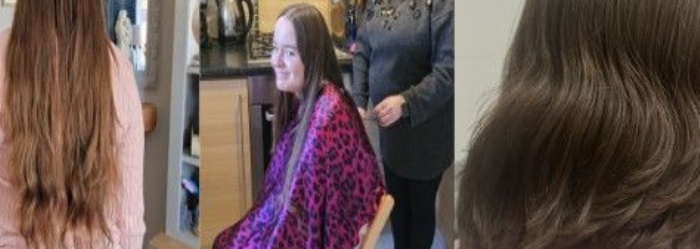 Picture of Olivia having her hair cut, and a before and after picture of her hair. 